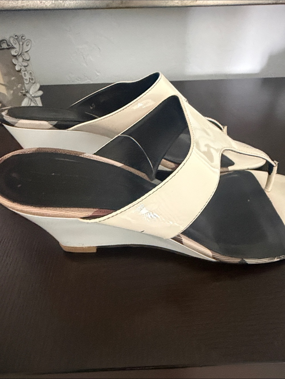 Burberry  Cream Patent Wedge Sandals